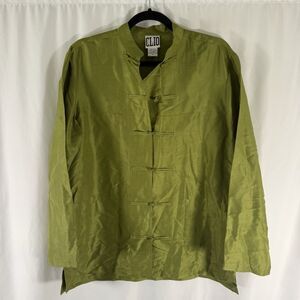 CLIO 100% Silk Blouse Women's Medium Green Clasp Up Long Sleeve Lightweight
